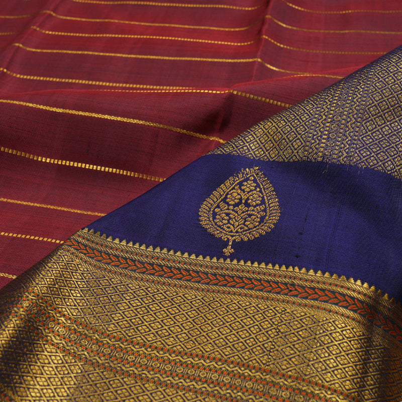 Hayagrivas Wine Maroon Veldhari Kanjivaram Silk Saree with Blue Border BBD1042J5-1