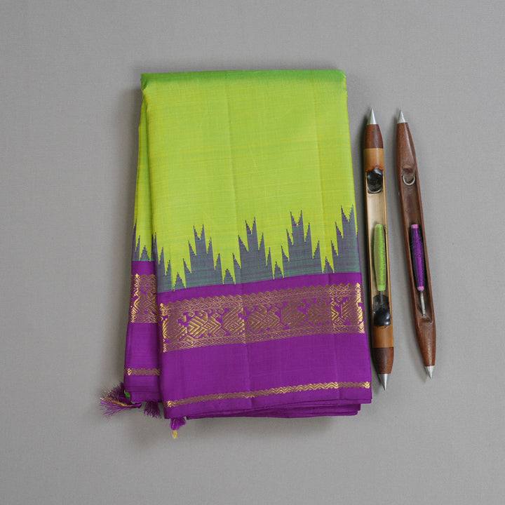 Hayagrivas Exquisite Fluorescent Green Handloom Kanjivaram Silk Saree with Purple Border BBD1048J6-1