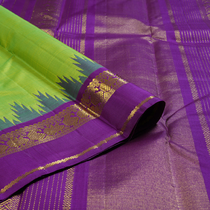 Hayagrivas Exquisite Fluorescent Green Handloom Kanjivaram Silk Saree with Purple Border BBD1048J6-1