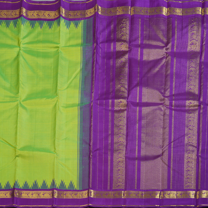 Hayagrivas Exquisite Fluorescent Green Handloom Kanjivaram Silk Saree with Purple Border BBD1048J6-1