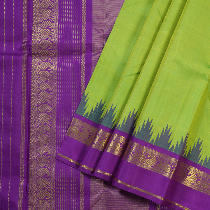 Hayagrivas Exquisite Fluorescent Green Handloom Kanjivaram Silk Saree with Purple Border BBD1048J6-1