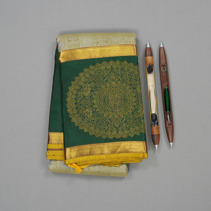 Hayagrivas Exclusive Kanjivaram Silk Saree in luxurious Cream shade with Bottle Green KBE780H3-1