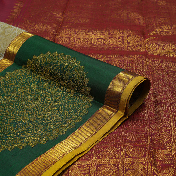 Hayagrivas Exclusive Kanjivaram Silk Saree in luxurious Cream shade with Bottle Green KBE780H3-1