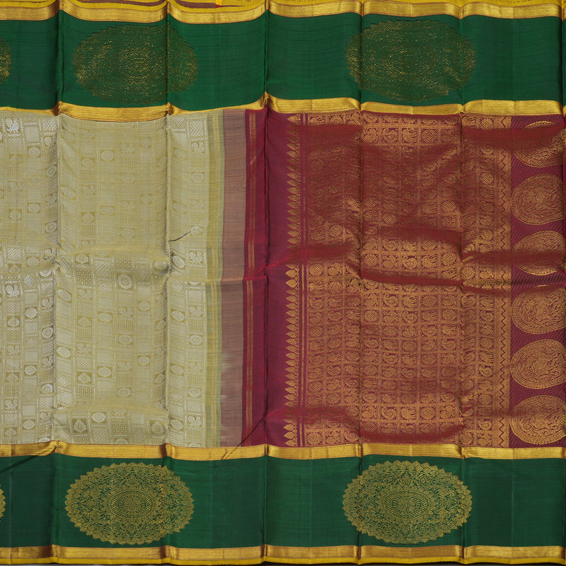 Hayagrivas Exclusive Kanjivaram Silk Saree in luxurious Cream shade with Bottle Green KBE780H3-1
