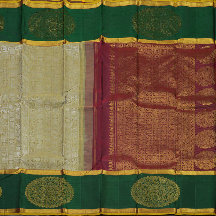 Hayagrivas Exclusive Kanjivaram Silk Saree in luxurious Cream shade with Bottle Green KBE780H3-1