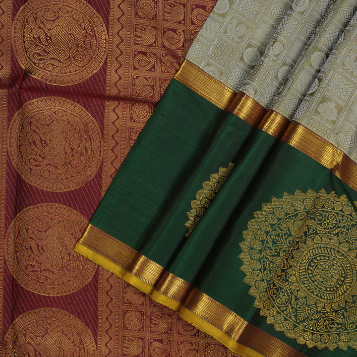 Hayagrivas Exclusive Kanjivaram Silk Saree in luxurious Cream shade with Bottle Green KBE780H3-1