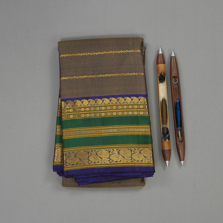 Hayagrivas Handloom Royal Brown Kanjivaram Silk Saree with Royal Blue & Green Border BBD1053J10-1