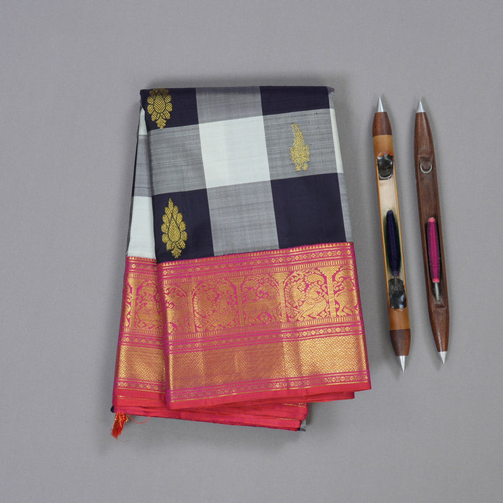 Hayagrivas Black And White Checks Kanjivaram Silk Saree with Orangish Pink Border BBD1053J13-1