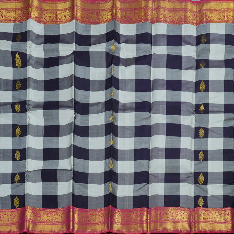 Hayagrivas Black And White Checks Kanjivaram Silk Saree with Orangish Pink Border BBD1053J13-1