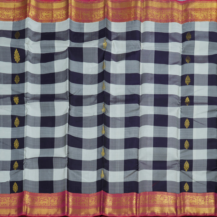 Hayagrivas Black And White Checks Kanjivaram Silk Saree with Orangish Pink Border BBD1053J13-1