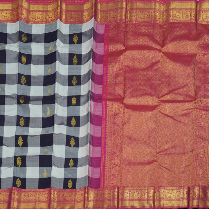 Hayagrivas Black And White Checks Kanjivaram Silk Saree with Orangish Pink Border BBD1053J13-1