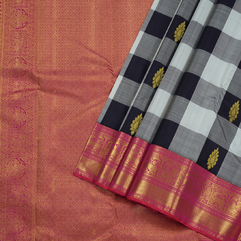 Hayagrivas Black And White Checks Kanjivaram Silk Saree with Orangish Pink Border BBD1053J13-1