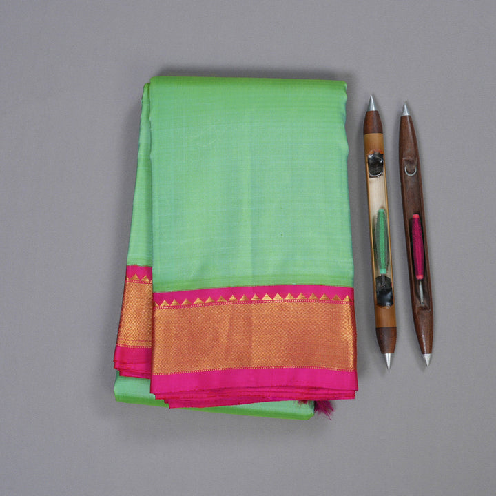 Hayagrivas Sea Green Handloom Kanjivaram Silk Saree with Pink Border BBD1054J8-1