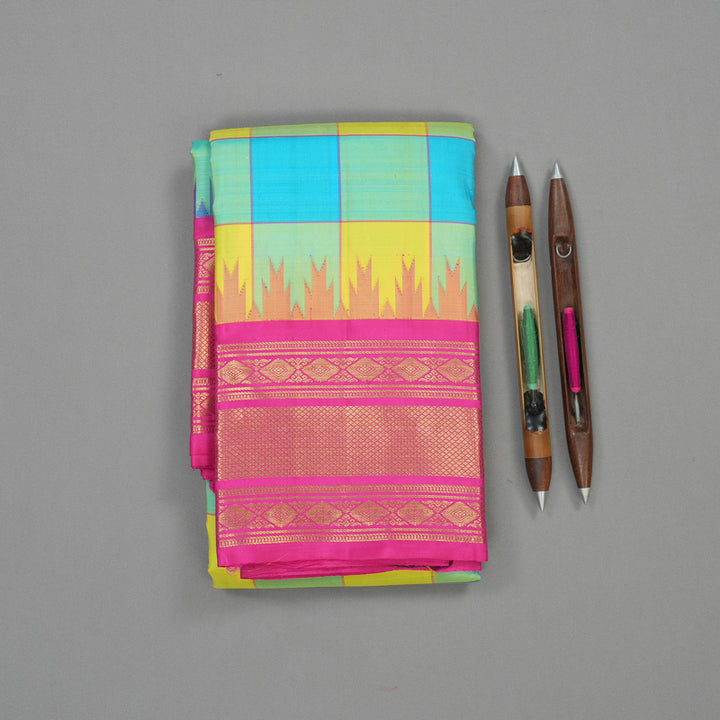 Hayagrivas Handloom Multicolour Checks Kanjivaram Silk Saree with Rani Pink border BBD1060K5-2