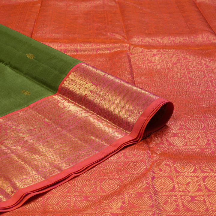 Hayagrivas Dark Leaf Green Handloom Kanjivaram Silk Saree with Orangish Pink Border BBD1064K6-1