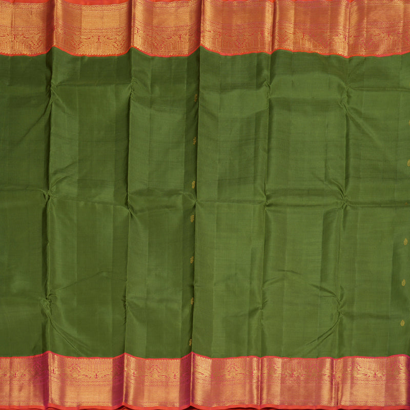 Hayagrivas Dark Leaf Green Handloom Kanjivaram Silk Saree with Orangish Pink Border BBD1064K6-1