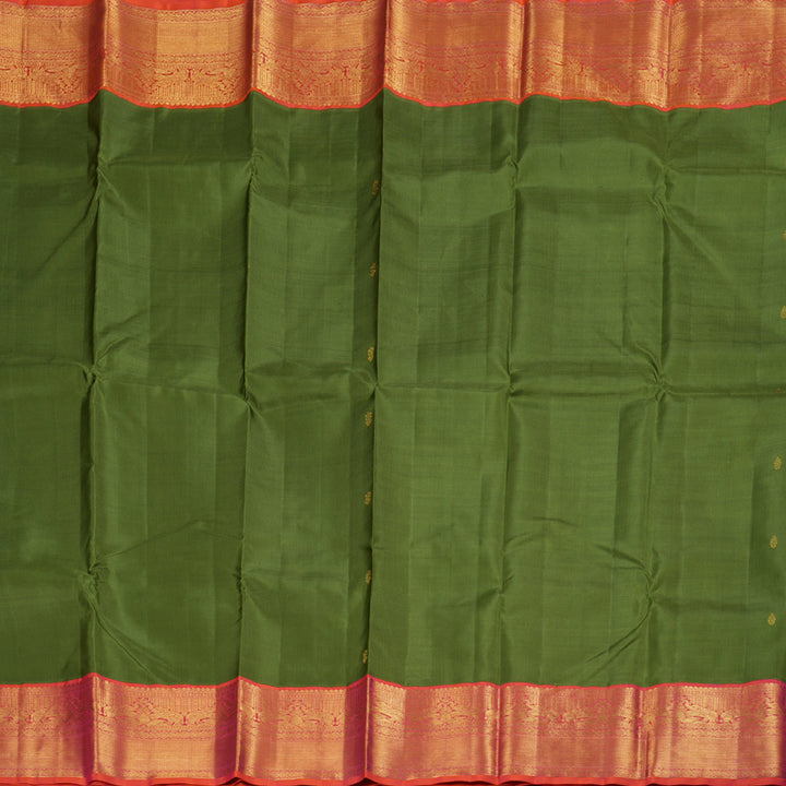 Hayagrivas Dark Leaf Green Handloom Kanjivaram Silk Saree with Orangish Pink Border BBD1064K6-1