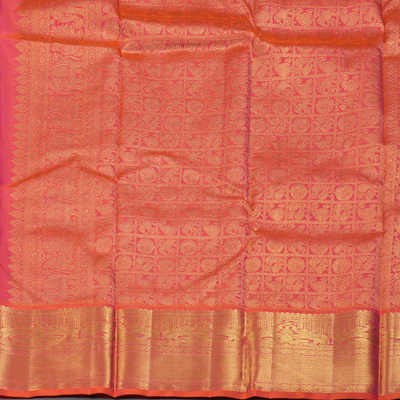 Hayagrivas Dark Leaf Green Handloom Kanjivaram Silk Saree with Orangish Pink Border BBD1064K6-1