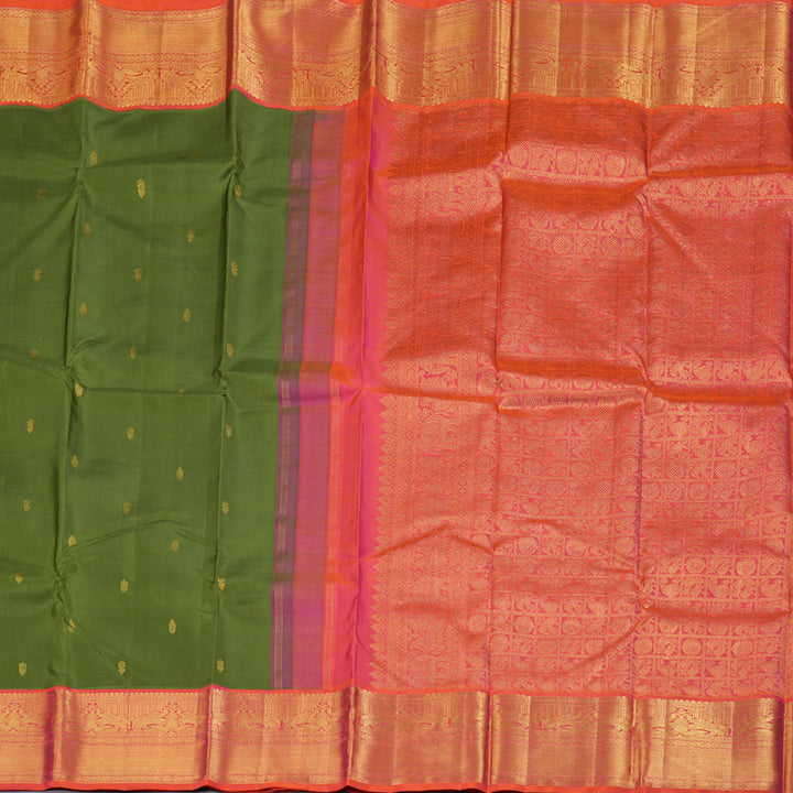 Hayagrivas Dark Leaf Green Handloom Kanjivaram Silk Saree with Orangish Pink Border BBD1064K6-1