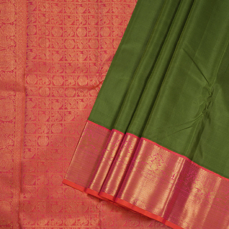 Hayagrivas Dark Leaf Green Handloom Kanjivaram Silk Saree with Orangish Pink Border BBD1064K6-1