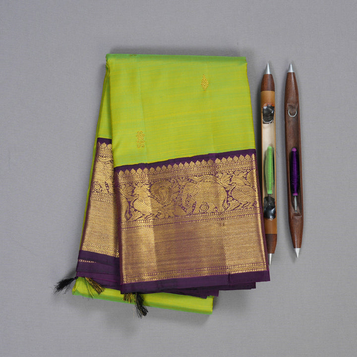 Hayagrivas Fluorescent Green Handloom Kanjivaram Silk Saree with Dark Purple Border BBD1064K6-5