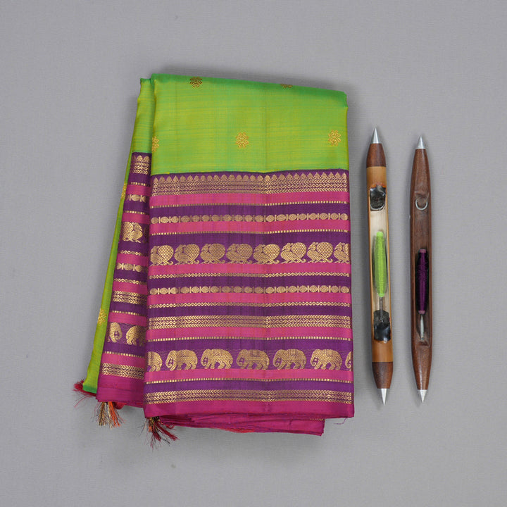 Hayagrivas Fluorescent Green Handloom Kanjivaram Silk Saree with Purple Border BBD1064K7-1