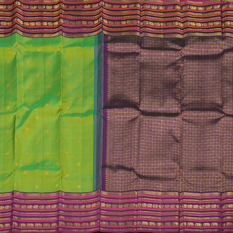 Hayagrivas Fluorescent Green Handloom Kanjivaram Silk Saree with Purple Border BBD1064K7-1