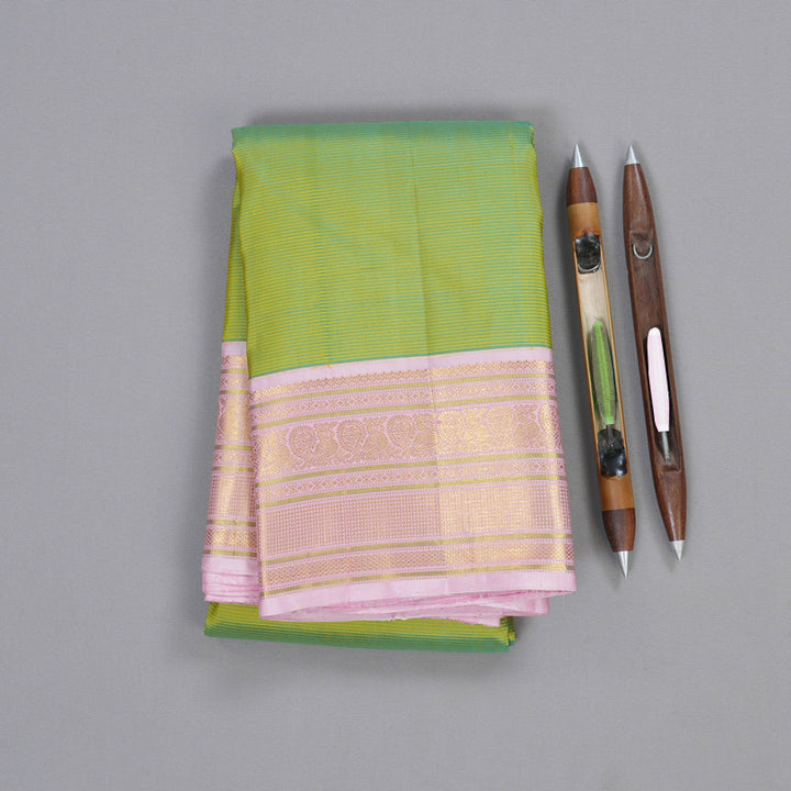 Hayagrivas Fluorescent Green Handloom Kanjivaram Silk Saree with Baby Pink Border BBD1068K3-1