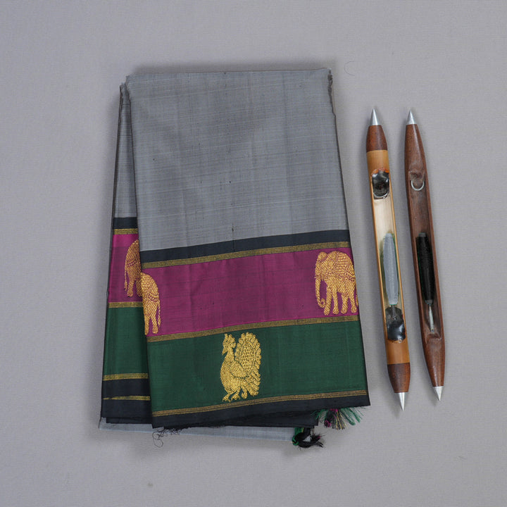 Hayagrivas Grey Handloom Kanjivaram Silk Saree with Purple With Bottle Green Border KBD1800B3-3