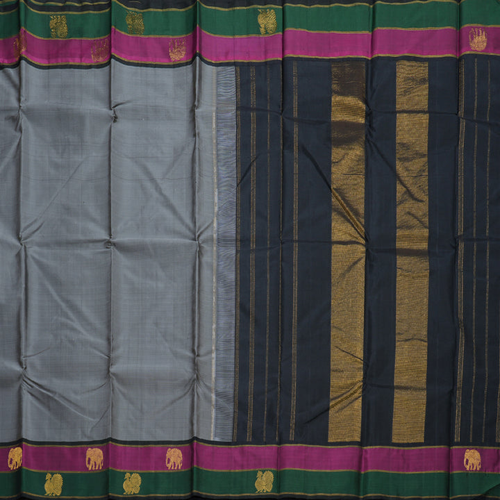 Hayagrivas Grey Handloom Kanjivaram Silk Saree with Purple With Bottle Green Border KBD1800B3-3