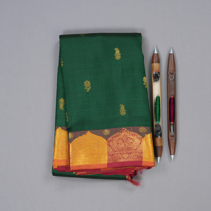 Hayagrivas Luxe Bottle Green Handloom Kanjivaram Silk Saree with Maroon & Yellow Border BBD1075K10-1