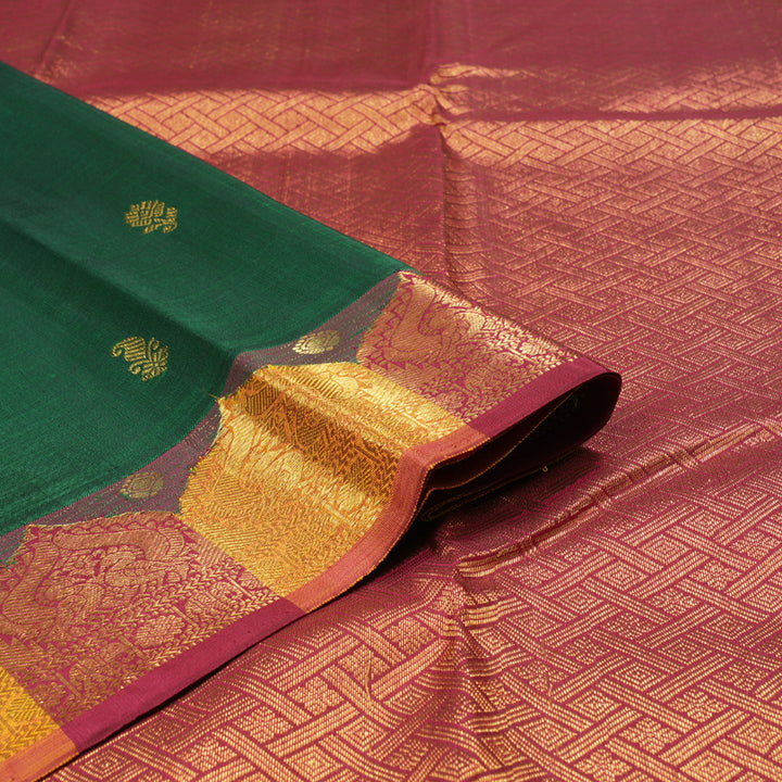 Hayagrivas Luxe Bottle Green Handloom Kanjivaram Silk Saree with Maroon & Yellow Border BBD1075K10-1