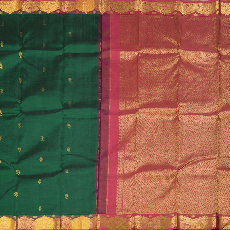 Hayagrivas Luxe Bottle Green Handloom Kanjivaram Silk Saree with Maroon & Yellow Border BBD1075K10-1