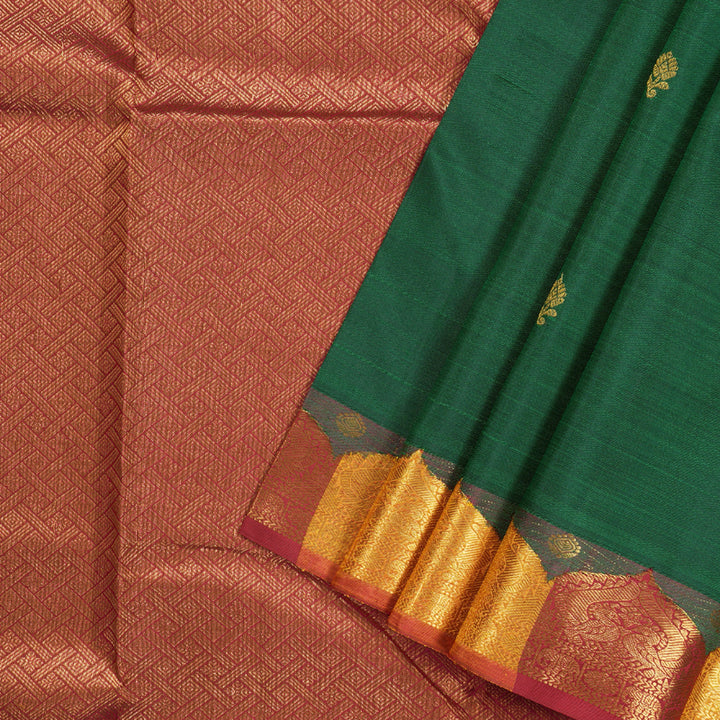 Hayagrivas Luxe Bottle Green Handloom Kanjivaram Silk Saree with Maroon & Yellow Border BBD1075K10-1