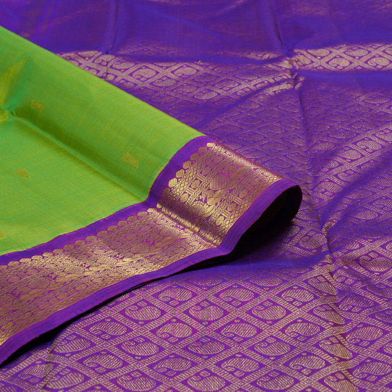 Hayagrivas Fluorescent Green Handloom Kanjivaram Silk Saree with Purple Border BBD1084K3-1