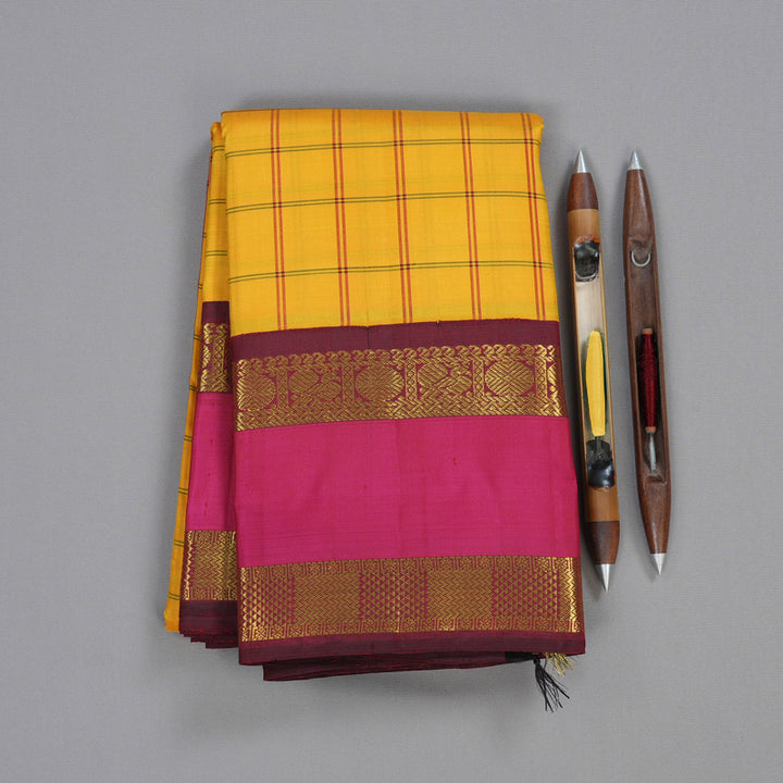 Hayagrivas Mustard Yellow Handloom Kanjivaram Silk Saree with Pink Border BBD1084K4-1