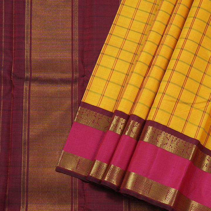 Hayagrivas Mustard Yellow Handloom Kanjivaram Silk Saree with Pink Border BBD1084K4-1