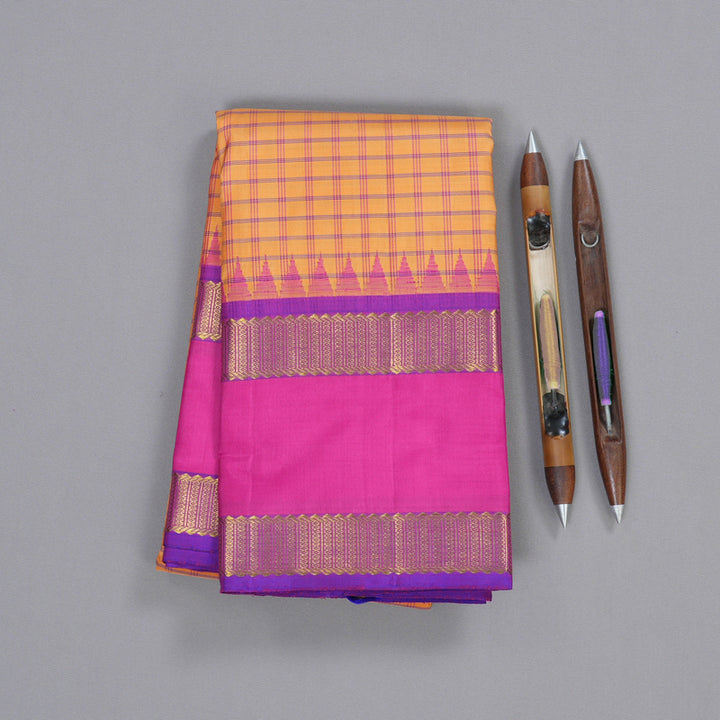 Hayagrivas Peach Orange Handloom Retta Pet Kanjivaram Silk Saree with Pink Border BBD1084K5-1