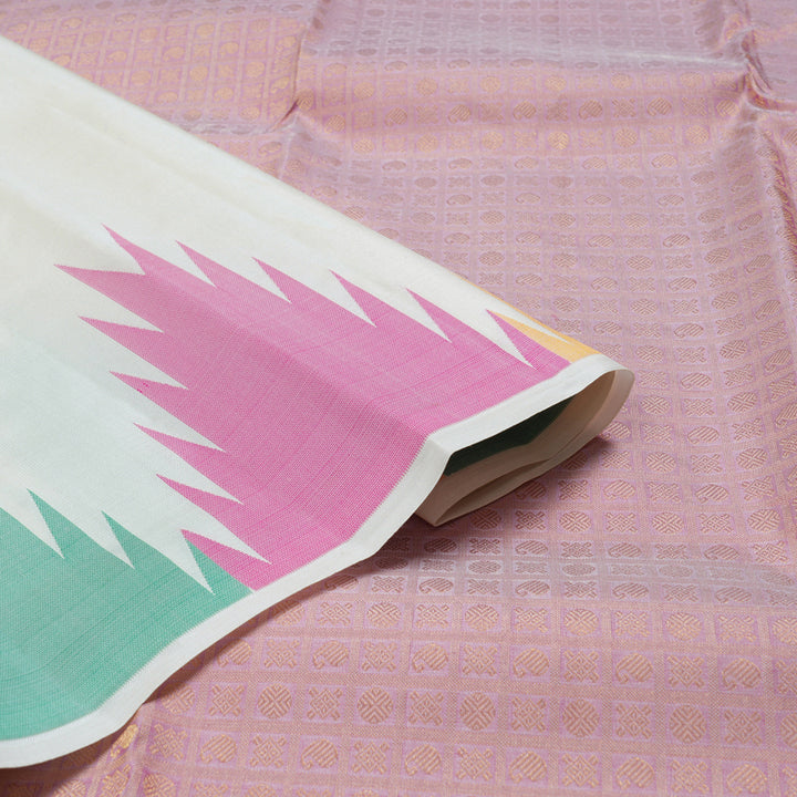 Hayagrivas Half White Handloom Kanjivaram Silk Saree with Green And Pink Border BBD1087K1-5