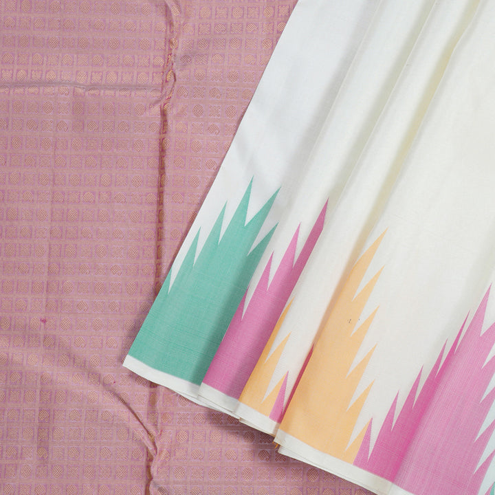 Hayagrivas Half White Handloom Kanjivaram Silk Saree with Green And Pink Border BBD1087K1-5