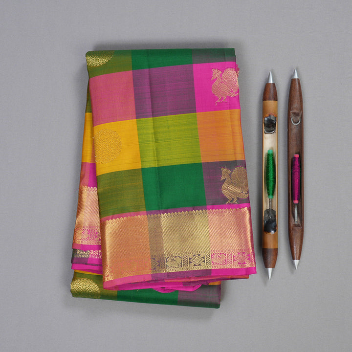 Hayagrivas Multi Color Checks Handloom Kanjivaram Silk Saree with Pink Border BBD1087K2-1
