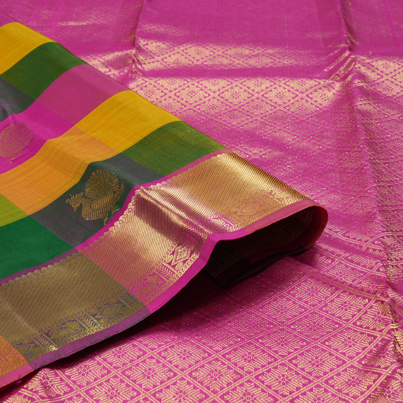 Hayagrivas Multi Color Checks Handloom Kanjivaram Silk Saree with Pink Border BBD1087K2-1