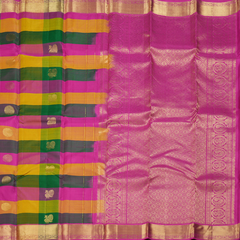 Hayagrivas Multi Color Checks Handloom Kanjivaram Silk Saree with Pink Border BBD1087K2-1