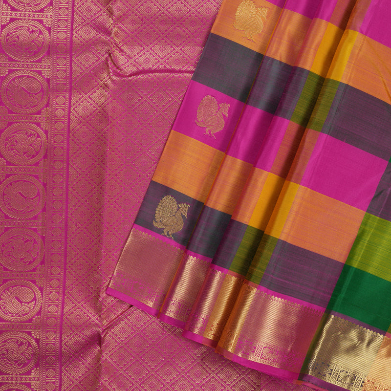 Hayagrivas Multi Color Checks Handloom Kanjivaram Silk Saree with Pink Border BBD1087K2-1
