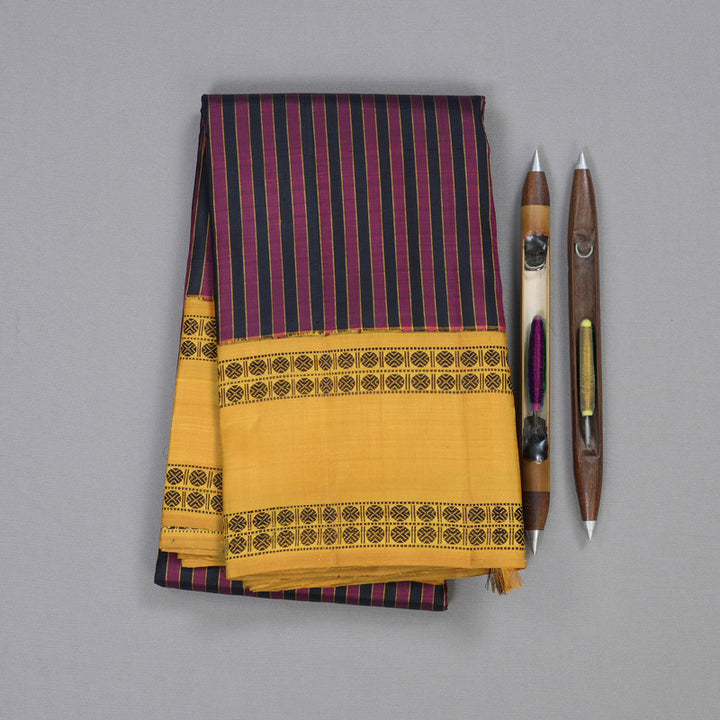 Hayagrivas Black With Purple Handloom Kanjivaram Silk Saree with Retta Pet Mustard Border BBD1089K4-1