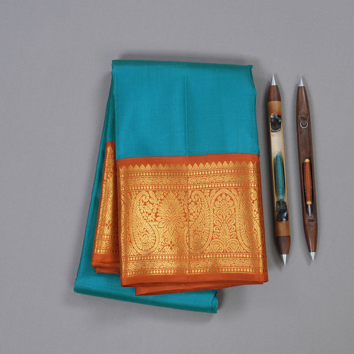 Hayagrivas Dark Sky Blue Kanjivaram Silk Saree with Honey Orange Border BBD1091K1-4