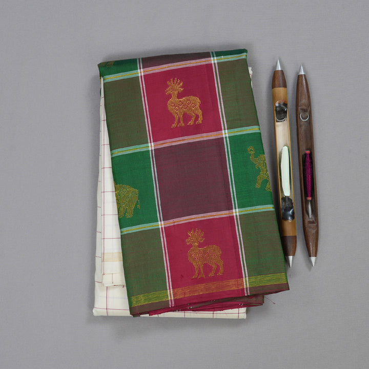 Hayagrivas White Handloom Kanjivaram Silk Saree with Multi Color Checks Border BBD1105K1-1