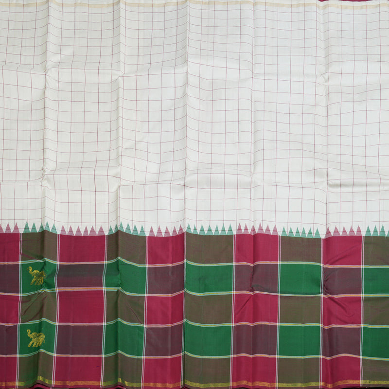 Hayagrivas White Handloom Kanjivaram Silk Saree with Multi Color Checks Border BBD1105K1-1
