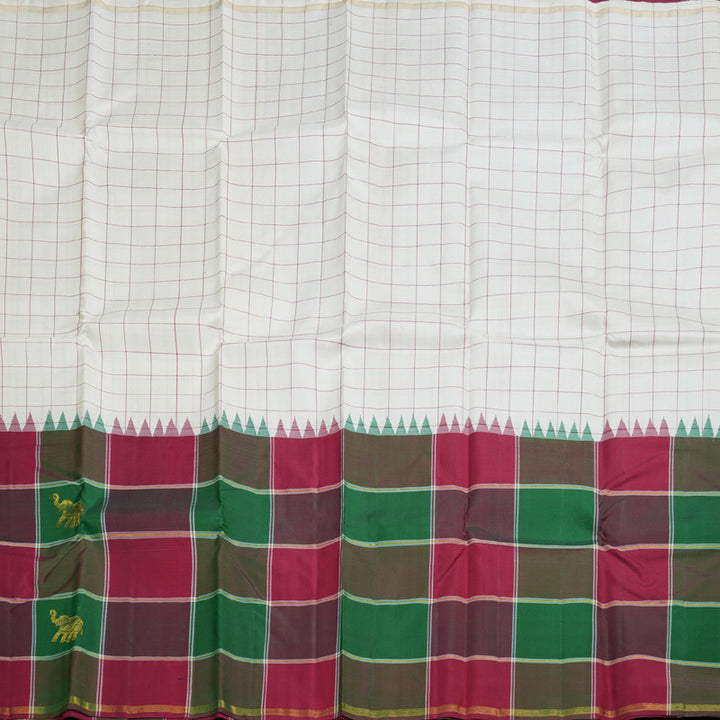Hayagrivas White Handloom Kanjivaram Silk Saree with Multi Color Checks Border BBD1105K1-1