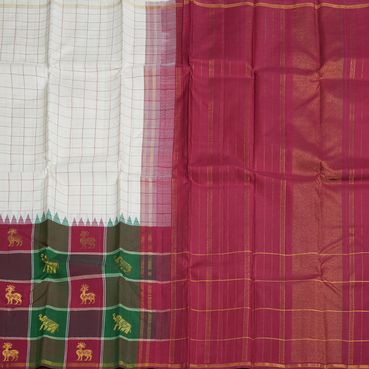 Hayagrivas White Handloom Kanjivaram Silk Saree with Multi Color Checks Border BBD1105K1-1